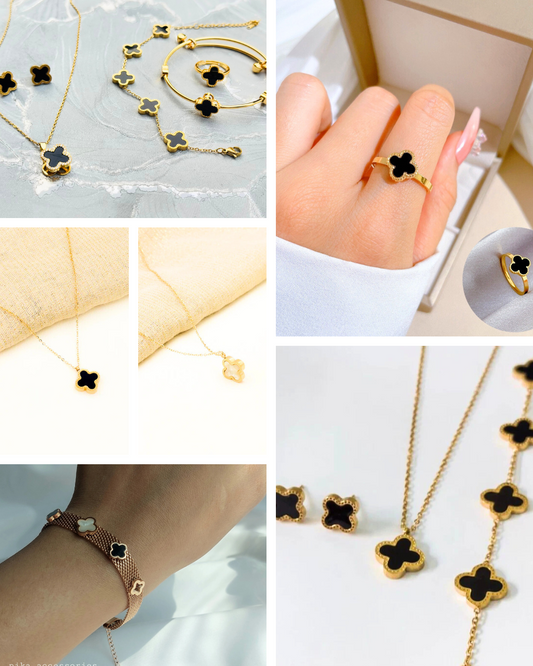 – 5-Piece Four Leaf Clover Jewelry Set (Spinning Pendant, Bracelet, Bangle & Ring)