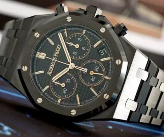 Audemars Piguet Royal Oak-Inspired Watch – Black Dial with Gold Markers | Full Stainless Steel | Luxury Men’s Timepiece